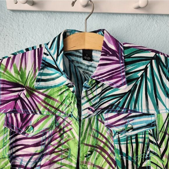 Margaret Frances 100% linen long sleeve front buttons palm leaves print jacket - Picture 3 of 12